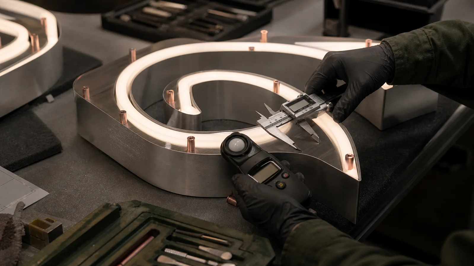 Illustrative quality inspection of an illuminated sign component